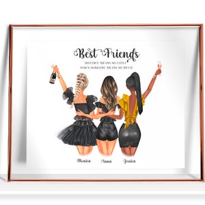 May include: A framed print with a quote about friendship: "Distance means so little when someone means so much." Three women in black, white, and yellow outfits are depicted with champagne glasses. The names Monica, Anna, and Jessica are written below the women.