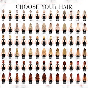 May include: A chart with 30 different hairstyles for women. Each hairstyle is labeled with a letter and number, such as A1, A2, A3, etc. The hairstyles are all different styles, including braids, buns, ponytails, and straight hair.