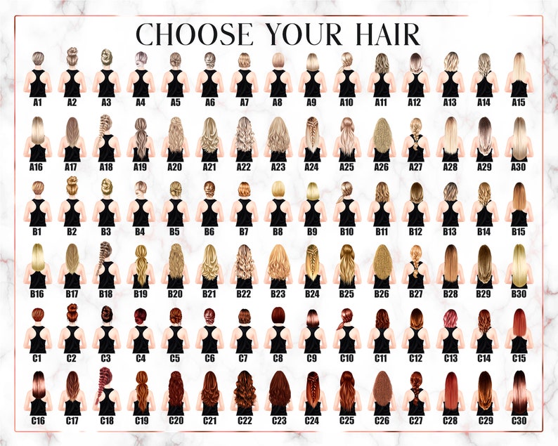 May include: A chart with 30 different hairstyles for women. Each hairstyle is labeled with a letter and number, such as A1, A2, A3, etc. The hairstyles are all different styles, including braids, buns, ponytails, and straight hair.