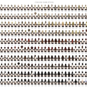 May include: A chart of 166 different hairstyles for women. The hairstyles are shown on a black background with a white outline. The hairstyles are numbered and labeled with letters.