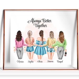 Friendship illustration Custom 5 Best Friends Portrait 5 Friends gift idea Besties Picture Friendship Quote wall art Five Best Friends Print
