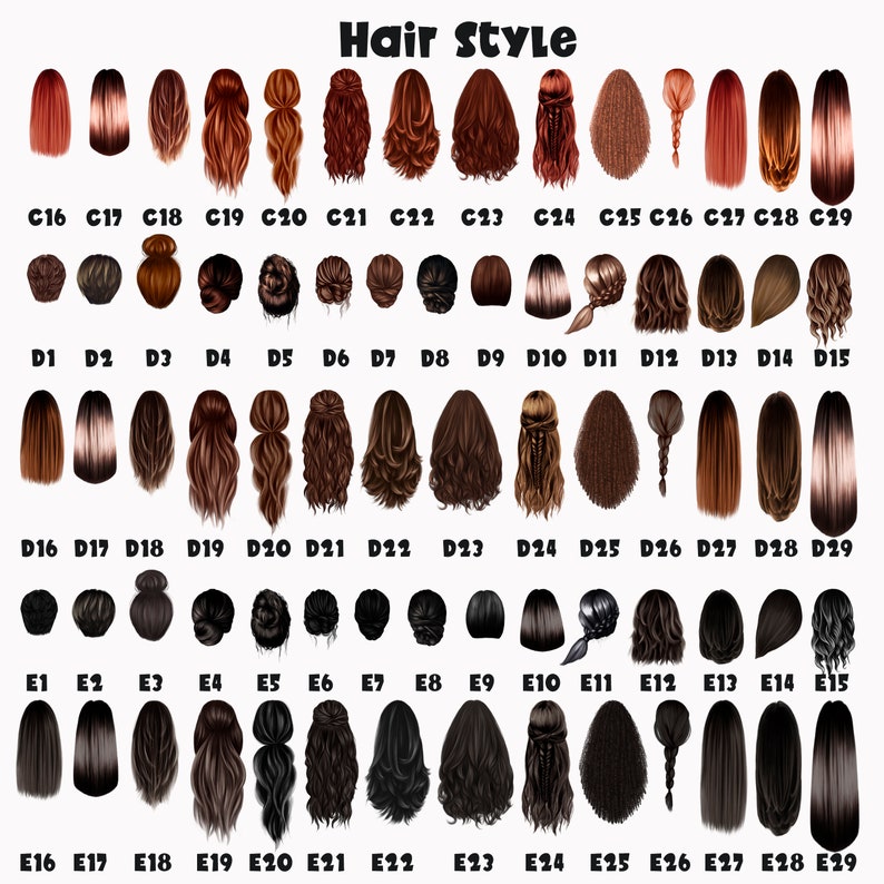 Puede incluir: Un gr&aacute;fico con 29 peinados diferentes para mujeres. Los peinados est&aacute;n dispuestos en filas y columnas, con cada peinado etiquetado con una letra y un n&uacute;mero. Los peinados incluyen una variedad de estilos, como liso, rizado, ondulado y trenzado.