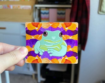 Frog in Pansies 2.5x3" Vinyl Art Sticker