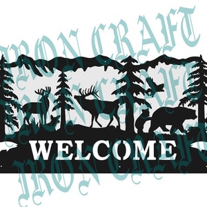Mountain scene with wildlife and welcome sign