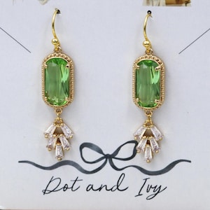 Peridot Crystal Art Deco Earrings, Green Bridesmaid Bridal Jewelry, Victorian Regency Style