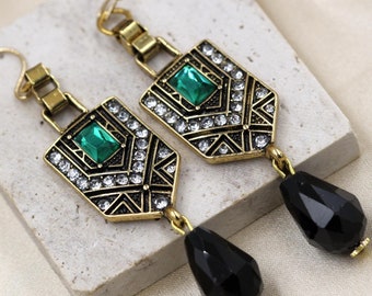 Art Deco Black Crystal Earrings, Geometric Gold, 1920s Style
