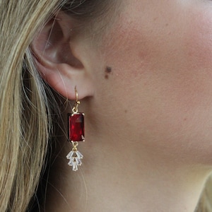 Red Art Deco Wedding Earrings: Gold Plated Ruby Bridal Jewelry
