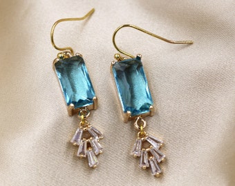 Aquamarine Turquoise Earrings, Bride Art Deco Earrings, Leaf Earrings, Blue Boho Bridal Earrings, Bridesmaid Gifts, Gold Crystal Earrings