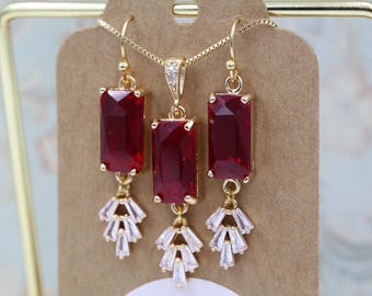 Brautjungfer Roter Kristall Ohrringe, Art Deco Rubin Gold Brautschmuck