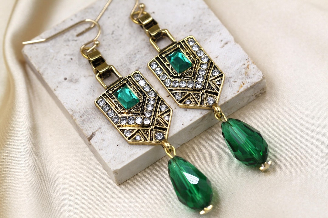 Emerald Art Deco Earrings: Gold Geometric Crystal Dangle - Etsy