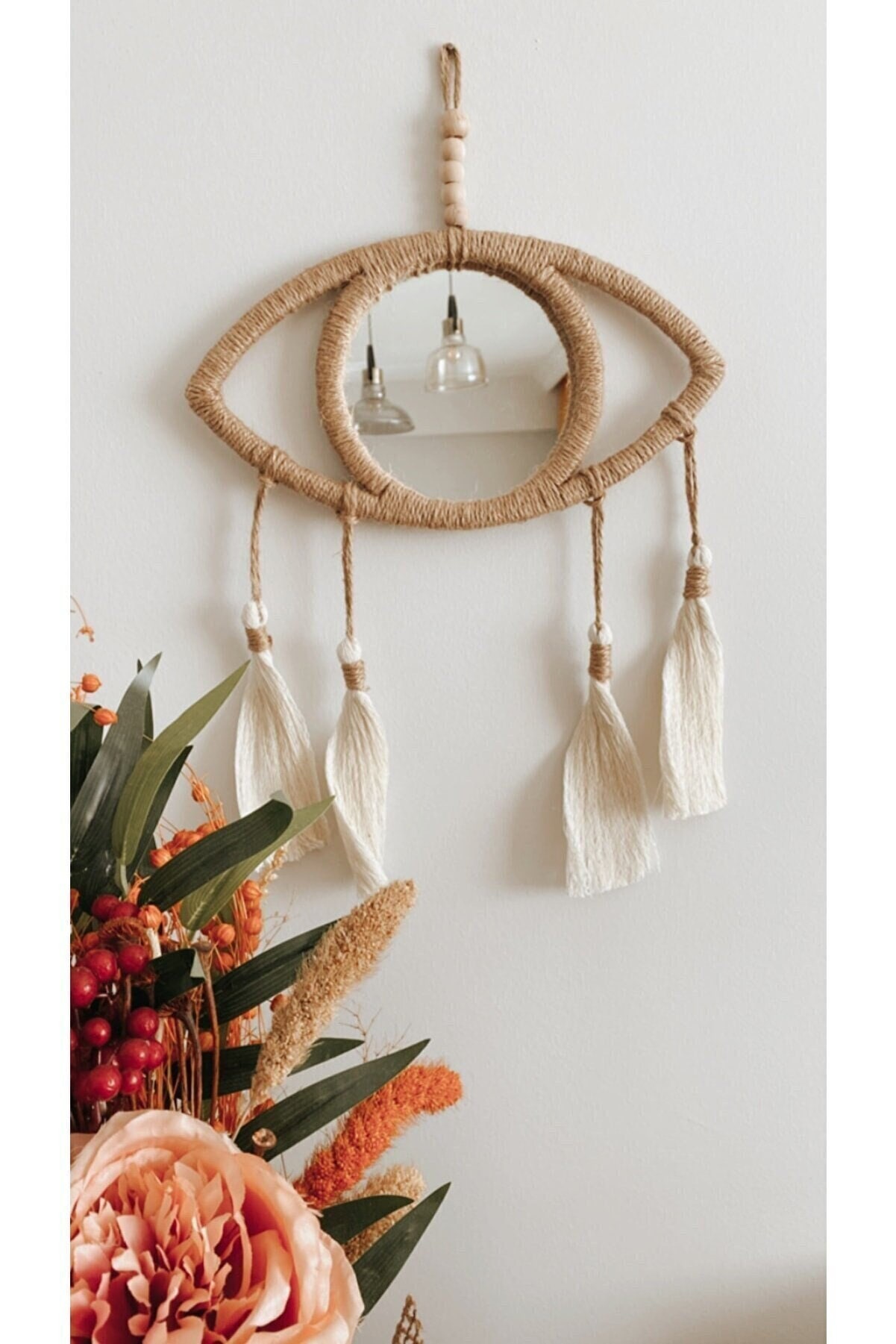 Handmade Eye Mirror Wicker Macrame Wall Hanging , Boho Wall Decor, Bohomian Wall Art Wall Plates, Eyes For Living Room Decorative Mirror