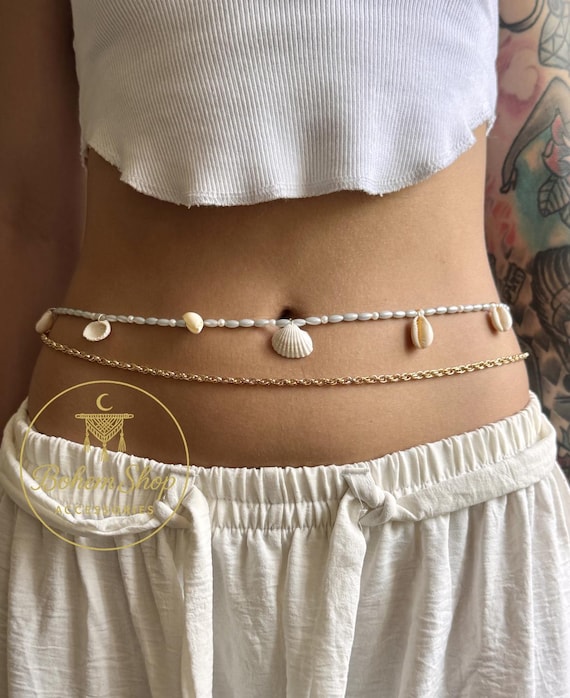 Boho Handmade Waist Chain With Beads & Shells – Gold Beach  display picture 2