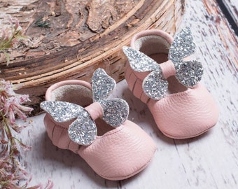 Butterfly Baby Shoes from Genuine Leather PERSONALIZED NAME Pastel Pink Glitter Bow Girls Shoes Easter Christmas Wedding Birthday Moccasins