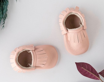 Baby Moccasins with Fringe, Leather, Infant, Newborn, Toddler, Birthday Shoes, Spring, Summer Moccasins, Baby Shower, Soft Sole Pink Shoes
