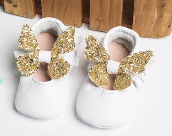 Gold/White Bow Shoes, Baby Christening Shoes, Baby Baptism Shoes, Baby Ballet Slippers, Baby Girl Shoes, Wedding Shoes Infant Blessing Shoe