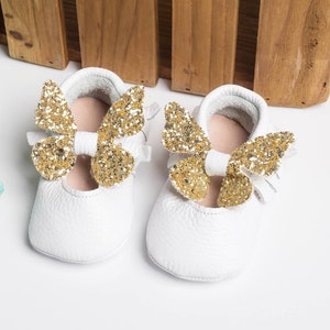 Silver Bow Shoes, Personalized Baby Shoes, Baby Baptism Shoes, Baby Ballet Slippers, Baby Girl Shoes, Wedding Shoes Infant Flower Girl Shoe White- Gold Bow