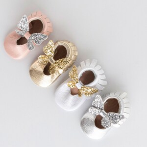 Silver Bow Shoes, Personalized Baby Shoes, Baby Baptism Shoes, Baby Ballet Slippers, Baby Girl Shoes, Wedding Shoes Infant Flower Girl Shoe image 2