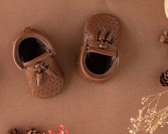 Brown Baby Shoes Leather, Baby Moccasins with Fringe, Soft Sole Baby Shoes, Toddler Shoes, Infant Shoes, Baby Booties, Girls, Boys