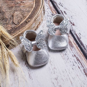 Silver Bow Shoes, Personalized Baby Shoes, Baby Baptism Shoes, Baby Ballet Slippers, Baby Girl Shoes, Wedding Shoes Infant Flower Girl Shoe Silver-Silver Bow