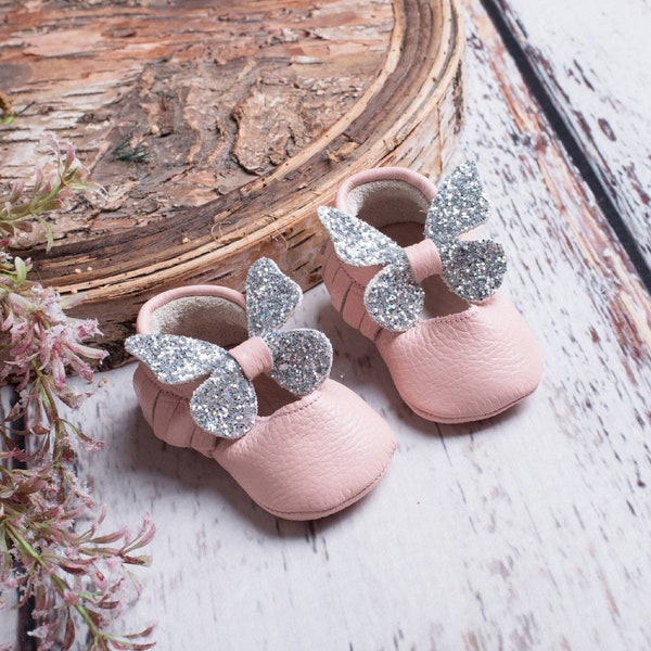 Pastel Pink Leather Baby Shoes with Silver Butterfly, Soft Sole Baby Shoes, Toddler Moccasins, Crib Shoes, Girl, Boy, Baby Shower