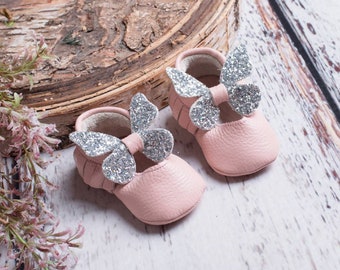 Pastel Pink Leather Baby Shoes with Silver Butterfly, Soft Sole Baby Shoes, Toddler Moccasins, Crib Shoes, Girl, Boy, Baby Shower