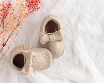 Beige, Baby Shoes, Leather Baby Shoes, Girls', Boys', Crib Shoes, Soft Sole Baby Shoes, Infant Shoes, Baby Moccasins, Toddler Shoes, Gifts
