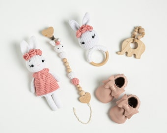 Deluxe Baby Girl Gift Set with PERSONALIZED MOCCASINS Leather Shoes with Bow Crochet Wooden Toys Dummy Holder Rabbit Rattle Baptism Gift