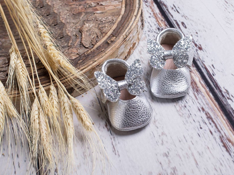 Silver Bow Shoes, Personalized Baby Shoes, Baby Baptism Shoes, Baby Ballet Slippers, Baby Girl Shoes, Wedding Shoes Infant Flower Girl Shoe Silver-Silver Bow