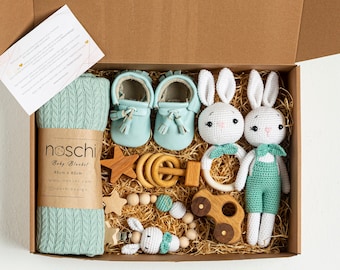Baby Boy Gift Basket with PERSONALIZED MOCCASINS Loafer Shoes Swaddle Blanket Bunny Wooden Toys Organic Boy Hamper New Parents Gift Set