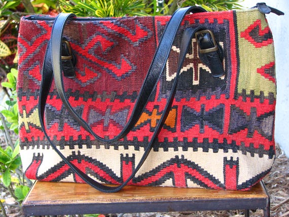 Vintage Shoulder Bag Handmade of Wool Kilim Rug & Leather