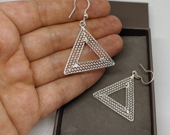 Silver Triangle Dangle Earrings, Large Filigree Earrings, Triangle Earrings Geometric Jewellery