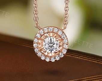 Moissanite Halo Necklace Rose Gold Delicate Sunshine Pendant Sterling Silver CZ Pendant Daily Wearing Necklace Mama's Pendant Gift for her