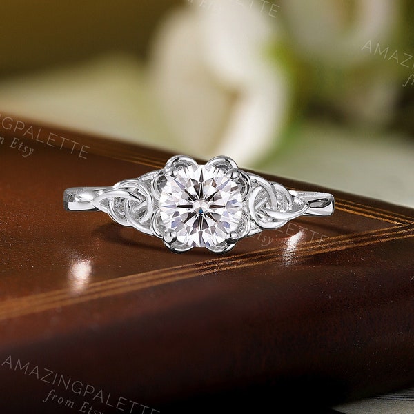 Vintage celtic engagement ring round moissanite wedding ring antique viking bridal ring handmade antique ring anniversary promise ring