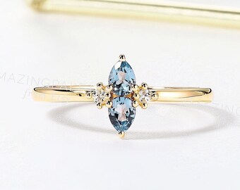 Vintage pear shape london blue topaz engagement ring princess cut Diamond ring unique yellow gold ring anniversary promise bridal ring
