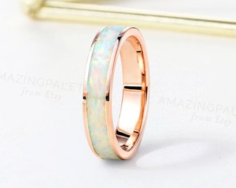 Rose gold Lab opal wedding band full eternity matching band unique handmade opal inlay ring channel set anniversary stacking wedding ring