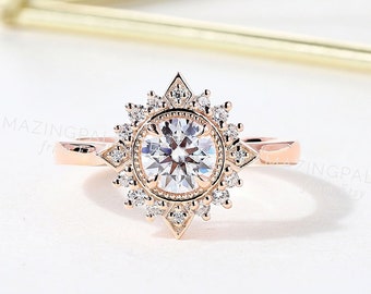 Vintage round shape moissanite engagement ring rose gold ring art deco milgrain ring antique women ring anniversary promise bridal ring