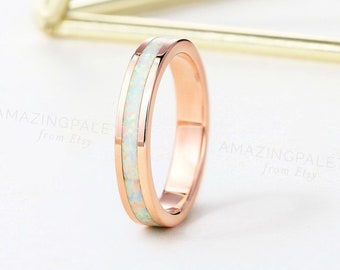 Vintage Lab opal wedding band rose gold full eternity matching bands unique handmade opal inlay ring anniversary stacking wedding ring