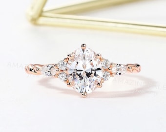 Oval moissanite engagement ring rose gold vintage art deco moissanite ring unique crossover twisted ring handmade anniversary promise ring