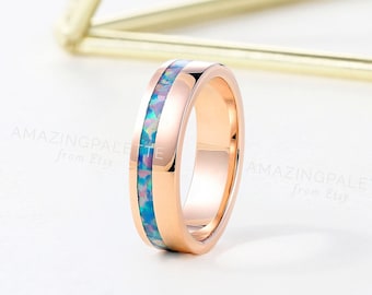 Lab opal straight wedding band rose gold ring Polish Finish band unique full eternity band vintage inlay ring men band promise bridal band