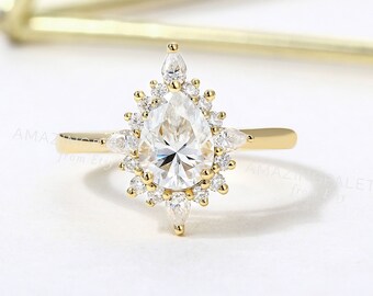 Moissanite engagement ring pear cut yellow gold ring halo delicate vintage art deco diamond ring unique ring bridal engagement anniversary