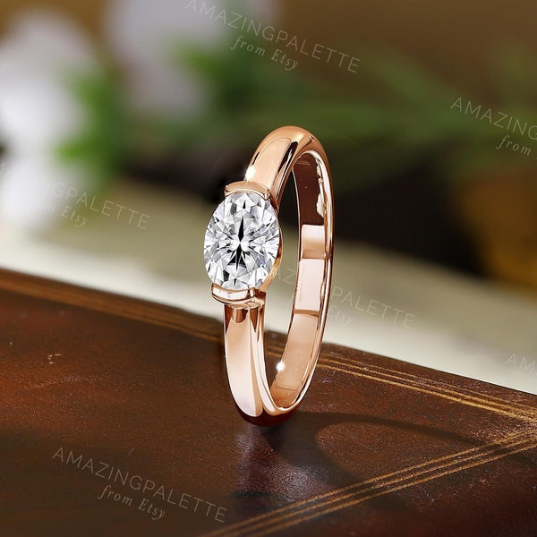 EAST-WEST Solitaire Verlovingsring Roségoud Modern Ovaal geslepen Moissanite Bruidsring Vintage Sterling Zilver CZ Halve Bezel set Trouwring