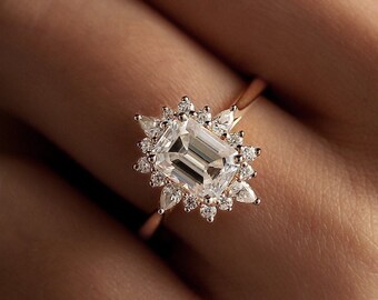 Moissanite engagement ring octagon ring rose gold ring diamond ring halo ring delicate ring art deco ring vintage bridal ring promise ring