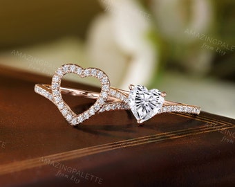 Heart Cut Moissanite Bridal Sets Rose Gold Plated Halo Ring Sterling Silver CZ Engagemnet Ring Set Pave Wedding Ring Anniversary Ring