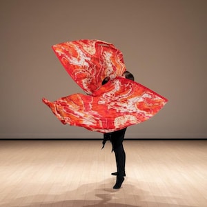 May include: A person is partially visible, holding two large, flowing fabric panels. The panels are primarily red with white and orange patterns, resembling a tie-dye or marbled effect. The background is a neutral beige.