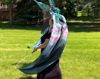 Set of two ice-dyed teal worship streamers on twirling rods "Deep and Secret Things"