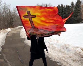 Silk Worship Flags "For the Joy, He Endured," hand-painted