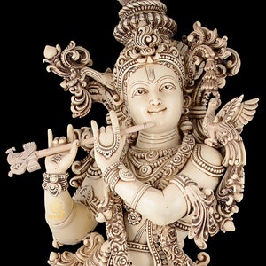 Large Dust Marble Krishna Statue, Big Krisna Idol, Antique Finish Standing Krishn Murti, Hindu God Krsna Morti For Love, Home Entrance Decor