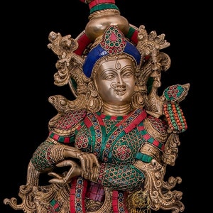 Large Brass Radha Statue, 30&quot; Inch Big Radha Idol in Brass With Stonework, Standing Indian Lady Hindu Goddess Shyama Kishori Murti For Love.