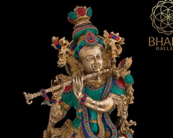 Gran estatua de Krishna de latón con mampostería, ídolo de Krishna de gran tamaño, murti de Govinda Gopala de pie para regalo de aniversario de matrimonio hindú.