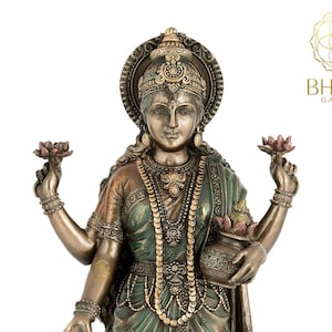 Standing Lakshmi Statue, 10&quot; Inch Big Dhana Laxmi Idol on Lotus, Hindu Goddess Sri Murty For Money, Wealth, Abundance, Fortune & Prosperity